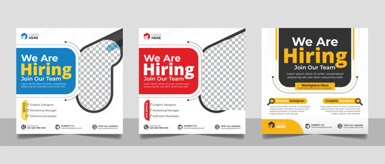 Hiring job vacancy post banner template set. Business we are hiring employee square flyer design.