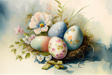 Vintage watercolor painting of Easter holiday bird nest with field flowers and pained eggs generative AI art - 566558185