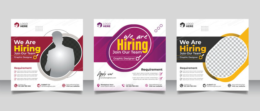 Hiring job vacancy post banner template set. Business we are hiring employee square flyer design.