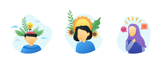 Fototapeta premium mental health day. mental illness month 3 set option Mental health, happiness, harmony creative abstract concept. Happy male and female heads with flowers inside. Mindfulness, positive thinking, hijab