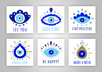 Turkish evil eye symbol cards. Ethnic blue greek protection from the spoilage signs with golden details. See you, Stay positive, Choose love, Good vibes, Make a wish quotes. EPS 10 vector illustration