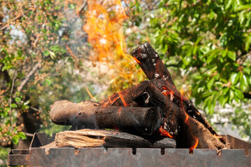 Burning firewood in fire flame in brazier. Outdoor recreation concept.