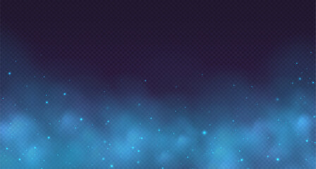 Fototapeta premium Blue magic smoke, transparent fog with sparkles, glowing colorful haze, mistery background with particles. Colored powder effect, universe atmosphere with starlight. Vector illustration.