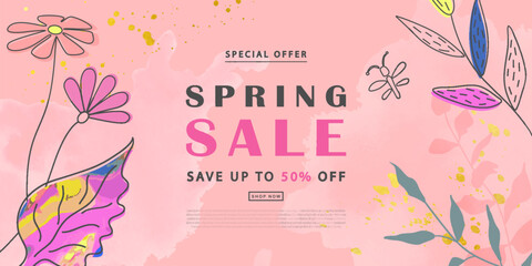 Spring sale poster template with colorful flower background.Can be use banner, promotional materials,voucher, wallpaper,flyers, invitation, brochure, coupon discount.