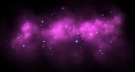 Pink magic smoke, galaxy with starlight, colorful fog with sparkles, glowing haze with blue stars. Vector illustration.