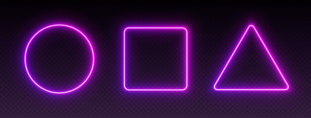 Neon gradient frames, glowing borders set, colorful futuristic UI design elements. Vibrant geometric shapes, modern signs collection. Bright circle, square and triangle. Vector illustration. © Likanaris
