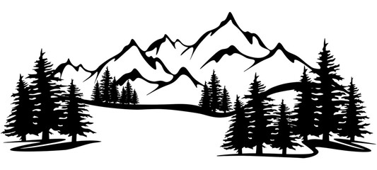 Black silhouette of mountains and forest fir trees camping landscape panorama illustration icon vector for logo, isolated on white background - obrazy, fototapety, plakaty