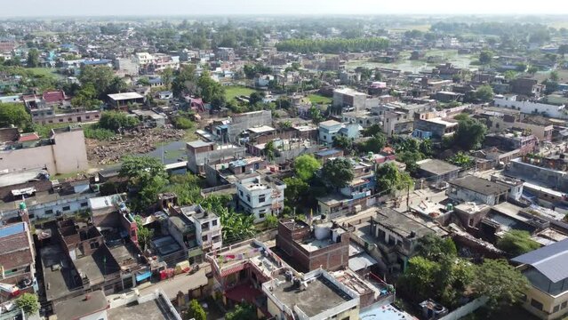 A low level aerial flight over the city of Nepalgunj in the western region of Nepal in the evening light.