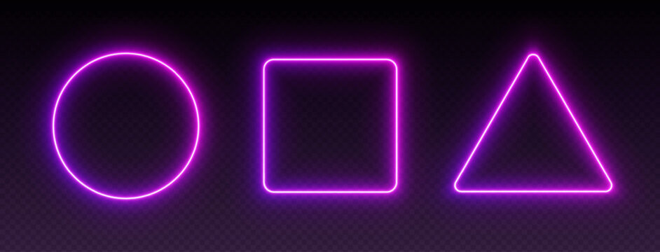 Neon gradient frames, glowing borders set, colorful futuristic UI design elements. Vibrant geometric shapes, modern signs collection. Bright circle, square and triangle. Vector illustration.