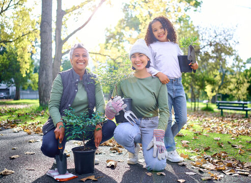 Plants, Gardening And Portrait Of People And Child Trees Growth, Eco Friendly Project And Volunteer Support Or Help. Sustainability, Learning And Women And Girl Teamwork, Community Service And Park