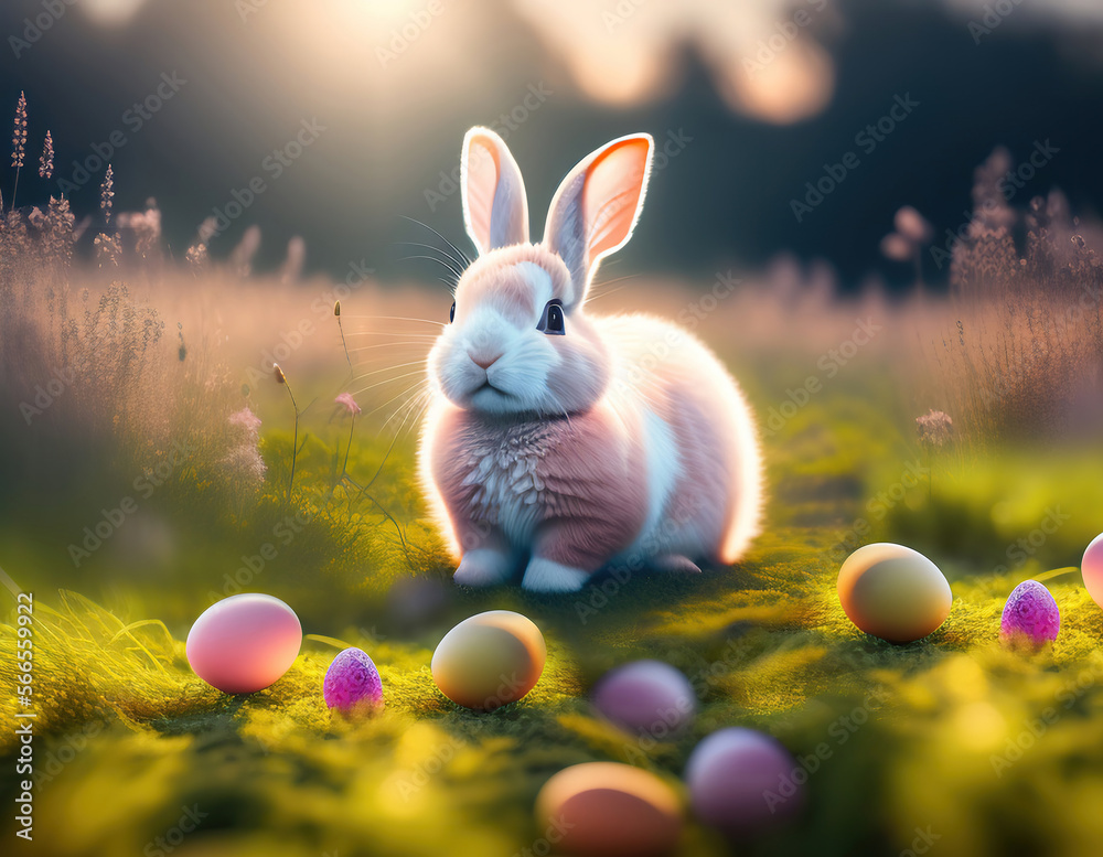 Poster images for easter holiday. pink cute rabbit in the grass on a flower meadow and colorful painted egg