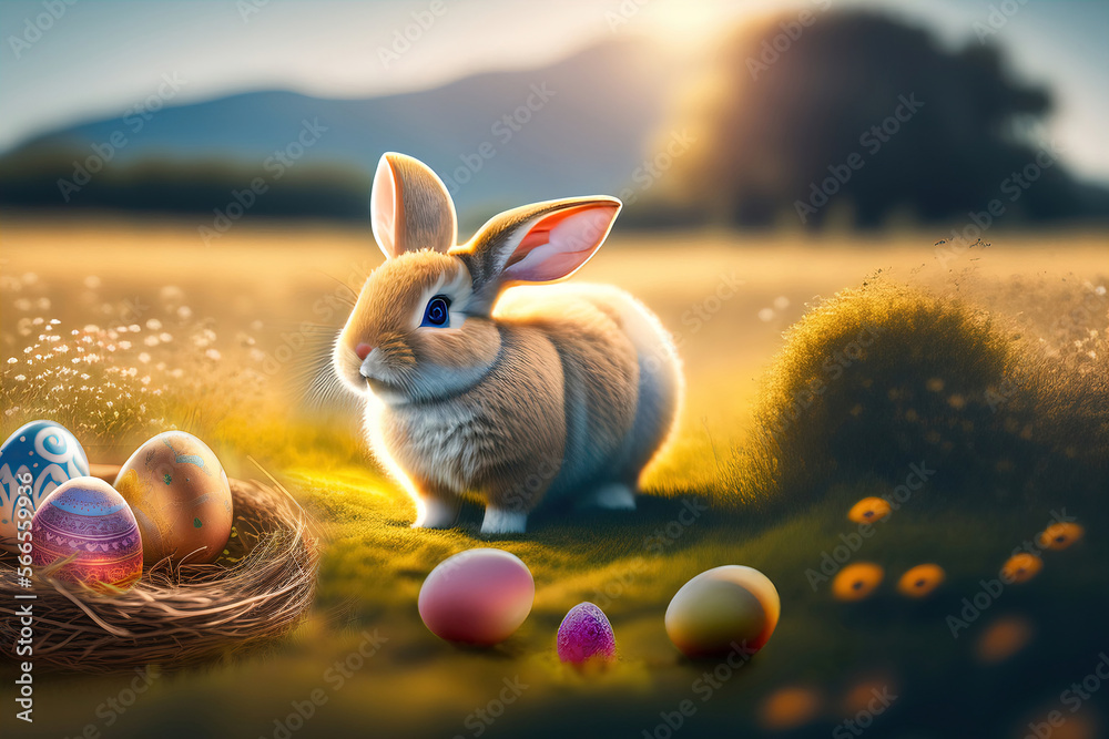 Aufkleber images for easter holiday.cute rabbit in the grass on a flower meadow and colorful painted eggs on a