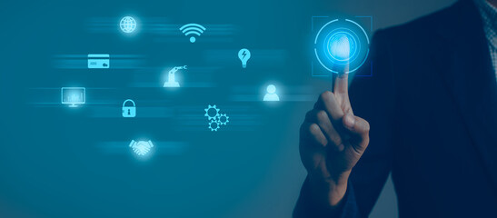 Technology and Business. Businessman touching to digital icon fingerprint blue background.
