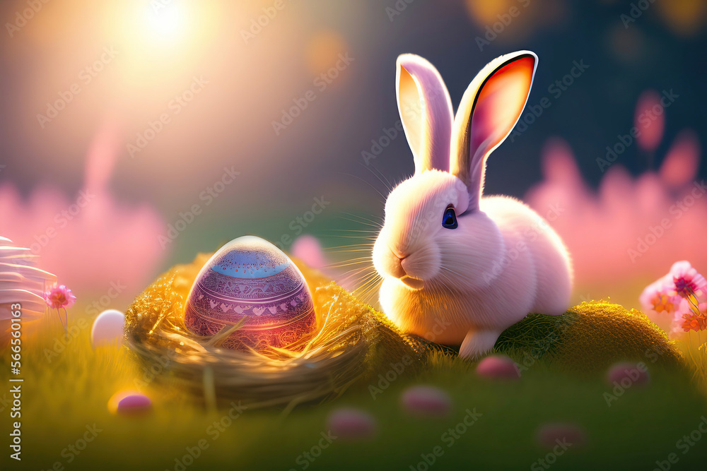Aufkleber images for easter holiday. pink cute rabbit in the grass on a flower meadow and colorful painted egg