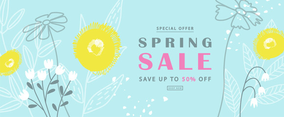 Spring sale poster template with colorful flower background.Can be use banner, promotional materials,voucher, wallpaper,flyers, invitation, brochure, coupon discount.