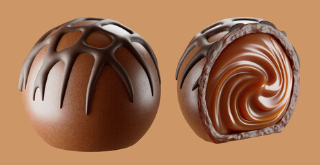 Delicious chocolate filled truffle. Isolated background. Praline chocolate 3d illustration