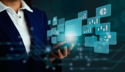 Technology and Business. Businesswoman holding smartphone and connecting digital data blue icon future lifestyle.
