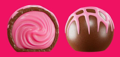 Delicious chocolate filled truffle. Isolated background. Praline chocolate 3d illustration