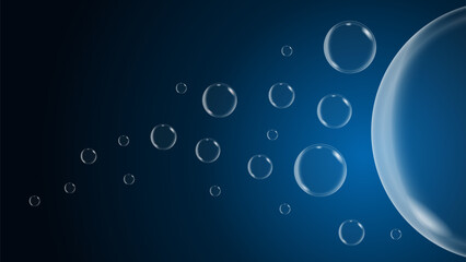 Soap bubbles fly horizontally from darkness to light. Realistic 3d vector on a dark background