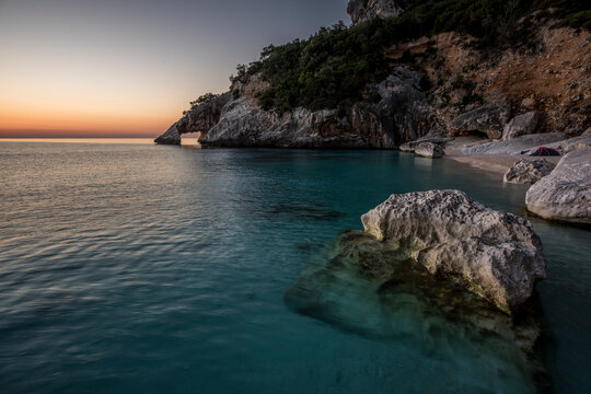 A tent at sunrise in Cala Goloritz&Atilde;&uml;. Sardinia, Italy.
