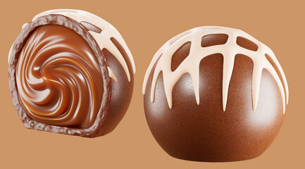 Delicious chocolate filled truffle. Isolated background. Praline chocolate 3d illustration