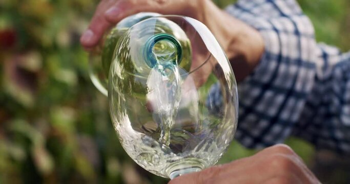 Close-Up Shot of A Glass Being Filled With White Wine with a Greenery Background. Male Hands Pouring and Swirling Tasty Wine in a Vineyard. Man Getting Ready for Drinking and Tasting 