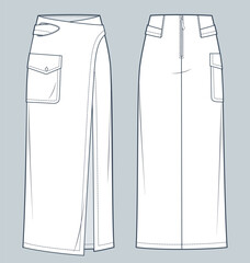 Wrap maxi Skirt technical fashion illustration. Asymmetric Denim Skirt fashion flat technical drawing template, pocket, zip-up, front and back view, white, women CAD mockup.