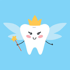 Tooth Fairy. Vector illustration. Tooth fairy in the form of a tooth. Tooth character in kawaii style. Flat cartoon style.