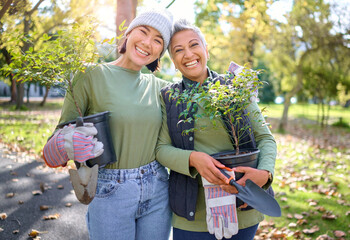 Plants, trees and garden people in portrait for community service, earth day collaboration and eco...