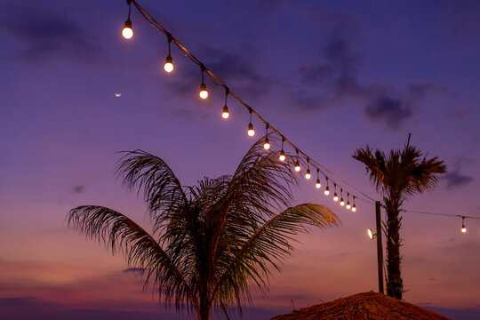 String lights glowing outdoors,â€ Changgu, Bali, Indonesia