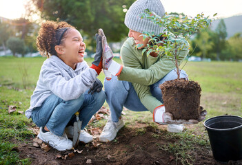 High five, child and woman with plant for gardening at park with trees in nature garden...