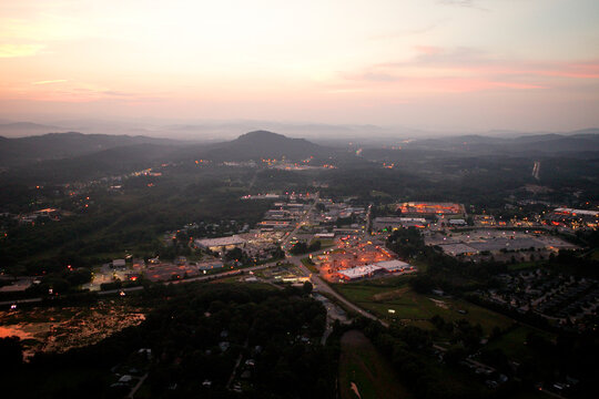 Aerail view of twilight over Hendersonville, NC.