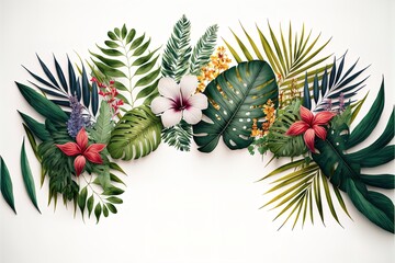 Naklejka premium Abstract tropical leaves and flowers on isolated white background with empty space for text.
