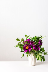 Paeonia suffruticosa in a white vase against a white wall, part of a home interior, house decoration with flowers Japanese Tree Peony, cozy spring May background