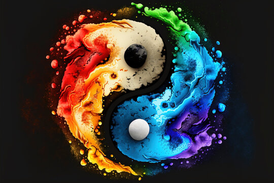 Ying Yang, Jing Jang, Happy Holi colorful background. Festival of colors, colorful rainbow holi paint color powder explosion isolated white wide panorama background.