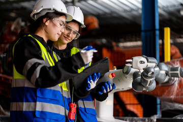 A team of male and female engineers meeting to inspect computer-controlled steel welding robots....