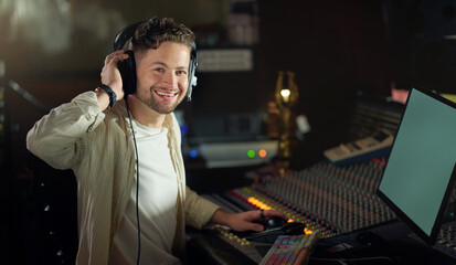 Portrait, smile or musician on recording headphones in sound engineering, edm song composition or...