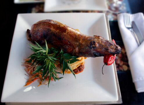 Gourmet Grilled Guinea Pig Being Served In A High End Restaurant, Cuzco, Peru.