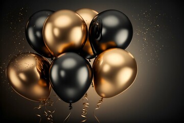 Gold and black metallic helium air balloons. Generative Ai