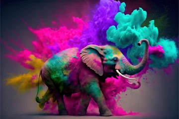 Foto op Canvas Elephant Happy Holi colorful background. Festival of colors, colorful rainbow holi paint color powder explosion isolated white wide panorama background. © Inmaculada