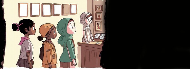 Exploring Culture and History: Diverse Girl Scouts Visit Local Museum illustration, copy space generative ai