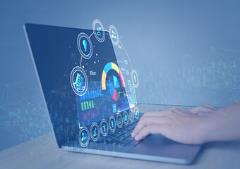 Blockchain data science and big data analytics technology Data scientist working with complex visualization on computer screen data mining Innovation in statistics and analytics Insights and forecasts