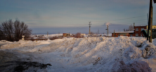 Winter landscape. White snow. City street. Ust-Kamenogorsk (Kazakhsan). City outskirts