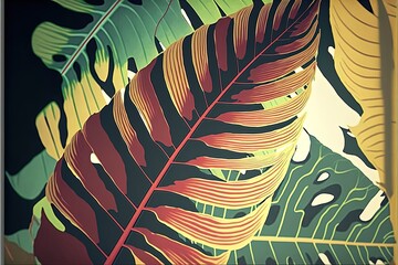 Abstract cartoon tropical leaves and flowers light toned background