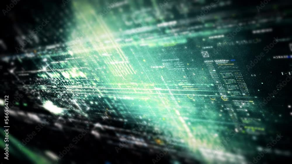 Fototapete Futuristic abstract de-focus data matrix, meta, metaverse, telemetry and encrypt numbers display with particles simulation in cyber space environment for head up display background
