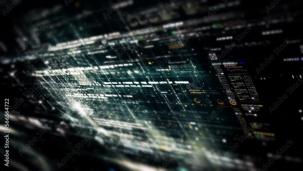 Aufkleber Futuristic abstract de-focus data matrix, meta, metaverse, telemetry and encrypt numbers display with particles simulation in cyber space environment for head up display background