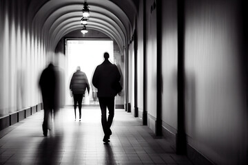 anonymous people walking in a corridor,blurred motion