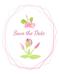 Floral wedding template design. Pink plumeria flowers in wedding design. Romantic postcard. Vector illustration.