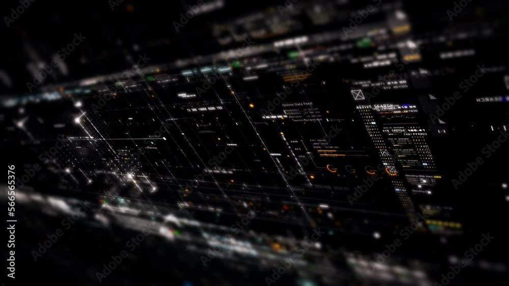 Aufkleber Futuristic abstract de-focus data matrix, meta, metaverse, telemetry and encrypt numbers display with particles simulation in cyber space environment for head up display background
