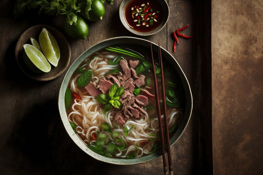 A bowl of steaming hot pho soup with beef and noodles, garnished with fresh herbs. Top view. generative ai